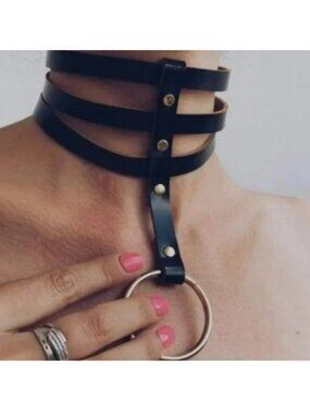 Choker Collar Triple Strap O Ring Bondage Emo Role Play Leather Rave Cosplay Fun
